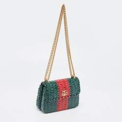 Pre Owned Gucci Green/Red Glazed Wicker Mini Cestino Shoulder Bag