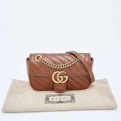 Pre Owned Gucci Brown Diagonal Quilted Leather Mini GG Marmont Shoulder Bag