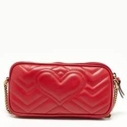 Gucci Red Matelassé Leather Mini GG Marmont Chain Crossbody Bag