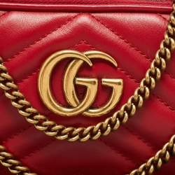 Gucci Red Matelassé Leather Mini GG Marmont Chain Crossbody Bag