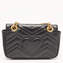 Pre Owned Gucci Black Matelassé Leather Mini GG Marmont Shoulder Bag