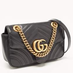 Pre Owned Gucci Black Matelassé Leather Mini GG Marmont Shoulder Bag