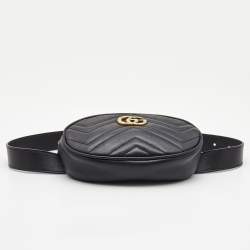 Pre Owned Gucci Black Matelassé Leather GG Marmont Belt Bag