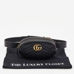 Pre Owned Gucci Black Matelassé Leather GG Marmont Belt Bag