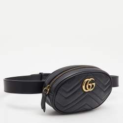 Pre Owned Gucci Black Matelassé Leather GG Marmont Belt Bag