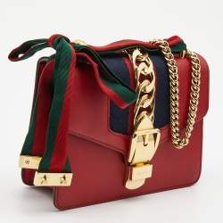 Pre Owned Gucci Red Leather Mini Web Chain Sylvie Crossbody Bag