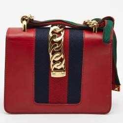 Pre Owned Gucci Red Leather Mini Web Chain Sylvie Crossbody Bag