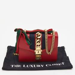 Pre Owned Gucci Red Leather Mini Web Chain Sylvie Crossbody Bag