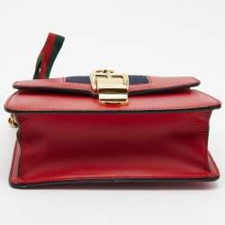 Pre Owned Gucci Red Leather Mini Web Chain Sylvie Crossbody Bag