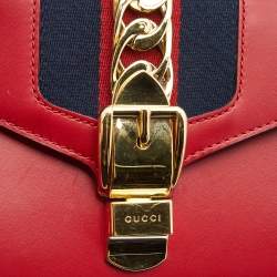 Pre Owned Gucci Red Leather Mini Web Chain Sylvie Crossbody Bag