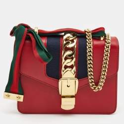 Pre Owned Gucci Red Leather Mini Web Chain Sylvie Crossbody Bag