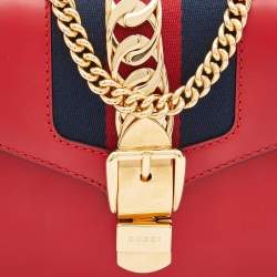 Pre Owned Gucci Red Leather Mini Web Chain Sylvie Crossbody Bag