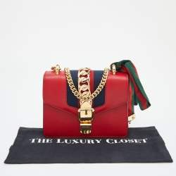 Pre Owned Gucci Red Leather Mini Web Chain Sylvie Crossbody Bag