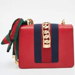 Pre Owned Gucci Red Leather Mini Web Chain Sylvie Crossbody Bag