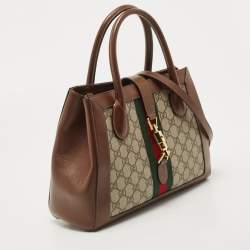 Pre Owned Gucci Brown/Beige GG Supreme Canvas and Leather Medium Web Jackie 1961 Tote