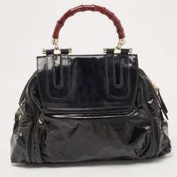 Pre Owned Gucci Black Coated Nylon and Leather Dialux Pop Bamboo Top Handle Bag