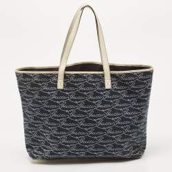 Gucci Off White/Blue Signature Print Canvas Large Shopper Tote