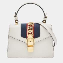 Pre Owned Gucci Off White Leather Mini Web Sylvie Top Handle Bag