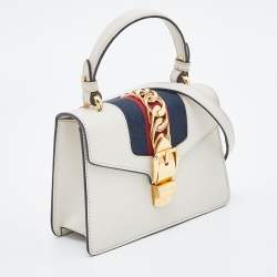 Pre Owned Gucci Off White Leather Mini Web Sylvie Top Handle Bag