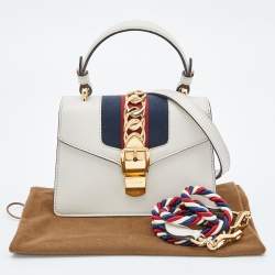 Pre Owned Gucci Off White Leather Mini Web Sylvie Top Handle Bag
