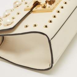 Pre Owned Gucci Off White Leather Small Pearl Studded Padlock Shoulder Bag