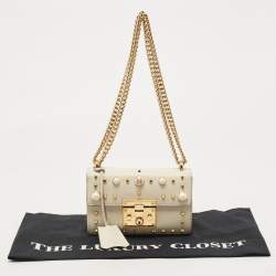 Pre Owned Gucci Off White Leather Small Pearl Studded Padlock Shoulder Bag