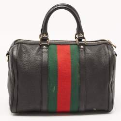 Pre Owned Gucci Black Leather Medium Vintage Web Boston Bag