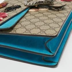 Pre Owned Gucci Beige/Blue GG Supreme Canvas and Suede Medium Embroidered Dionysus Shoulder Bag