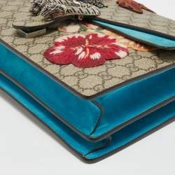 Pre Owned Gucci Beige/Blue GG Supreme Canvas and Suede Medium Embroidered Dionysus Shoulder Bag