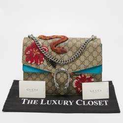 Pre Owned Gucci Beige/Blue GG Supreme Canvas and Suede Medium Embroidered Dionysus Shoulder Bag