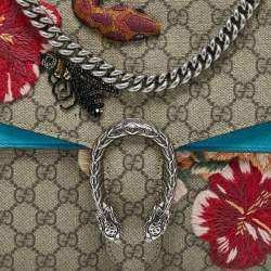 Pre Owned Gucci Beige/Blue GG Supreme Canvas and Suede Medium Embroidered Dionysus Shoulder Bag