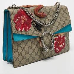 Pre Owned Gucci Beige/Blue GG Supreme Canvas and Suede Medium Embroidered Dionysus Shoulder Bag