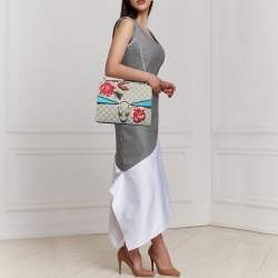 Pre Owned Gucci Beige/Blue GG Supreme Canvas and Suede Medium Embroidered Dionysus Shoulder Bag