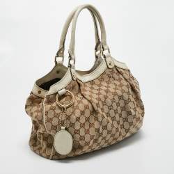Pre Owned Gucci White/Beige GG Canvas and Leather Medium Sukey Tote