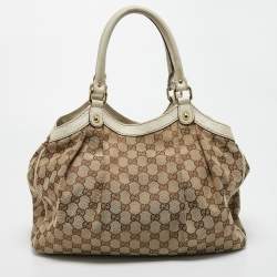 Pre Owned Gucci White/Beige GG Canvas and Leather Medium Sukey Tote