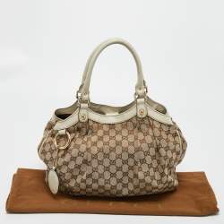 Pre Owned Gucci White/Beige GG Canvas and Leather Medium Sukey Tote