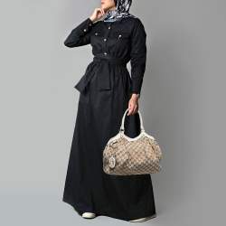 Pre Owned Gucci White/Beige GG Canvas and Leather Medium Sukey Tote