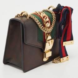 Pre Owned Gucci Black Leather Mini Web Chain Sylvie Crossbody Bag