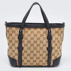Pre Owned Gucci Beige/Blue Canvas and Leather Classic Tote