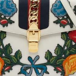 Gucci White Floral Sequins Patch Leather Medium Sylvie Top Handle Bag