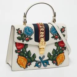 Gucci White Floral Sequins Patch Leather Medium Sylvie Top Handle Bag