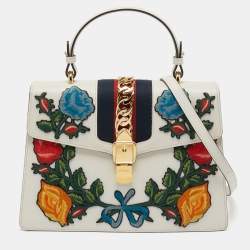 Gucci White Floral Sequins Patch Leather Medium Sylvie Top Handle Bag