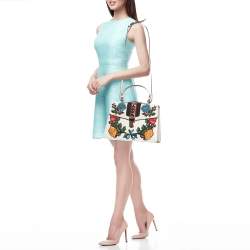 Gucci White Floral Sequins Patch Leather Medium Sylvie Top Handle Bag