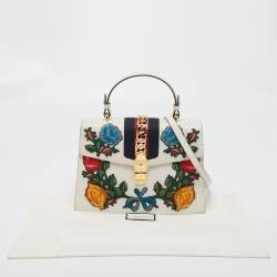 Gucci White Floral Sequins Patch Leather Medium Sylvie Top Handle Bag