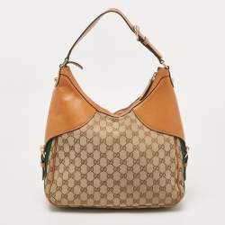 Pre Owned Gucci Tan/Beige GG Canvas and Leather Horsebit Heritage Hobo