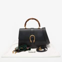 Pre Owned Gucci Black Leather Large Dionysus Bamboo Top Handle Bag