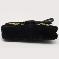 Pre Owned Gucci Black Love Embroidered Matelassé Velvet Medium GG Marmont Shoulder Bag