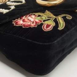 Pre Owned Gucci Black Love Embroidered Matelassé Velvet Medium GG Marmont Shoulder Bag