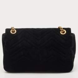 Pre Owned Gucci Black Love Embroidered Matelassé Velvet Medium GG Marmont Shoulder Bag