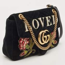 Pre Owned Gucci Black Love Embroidered Matelassé Velvet Medium GG Marmont Shoulder Bag